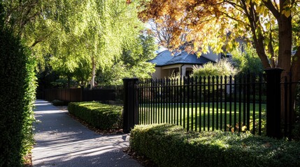 Autumnal pathway with black fence and house