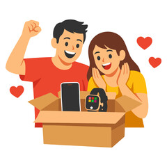 Happy Couple Unboxing Smart Devices Gift Illustration