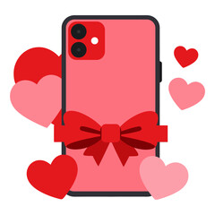 A modern flat vector illustration of a smartphone decorated with hearts and a gift bow, symbolizing love, romance, and digital affection. Perfect for Valentine&rsquo;s Day designs, dating apps, romantic mes