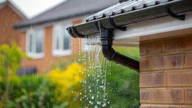 Heavy rain pours down a house's gutter and downspout, channeling water away from the roof and foundation.