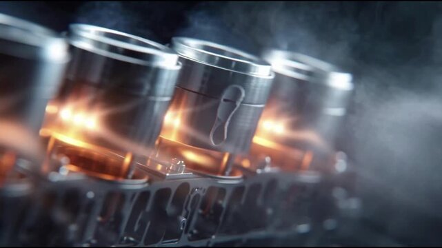 Close-up of a car engines cylinders firing with intense orange flames and smoke, showcasing the power and mechanics of internal combustion.