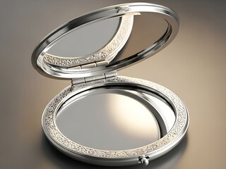 An elegant silver compact mirror lies open