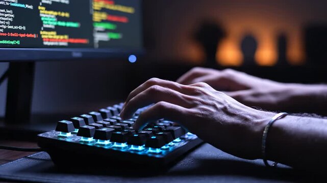 Close-up of a programmer's hands typing on a backlit keyboard in a dark room, code displayed on