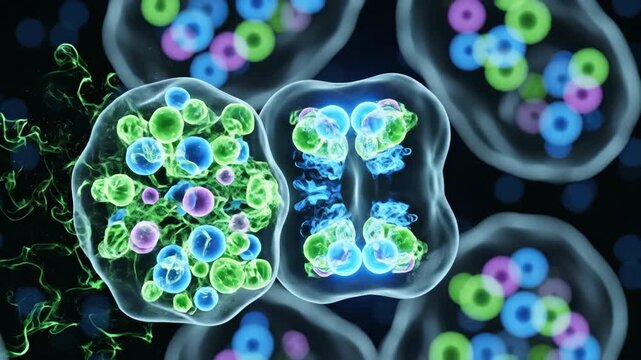 Cell Division Mitosis Anaphase Stage Blue And Green Spindles Pulling Chromosomes Dark Background