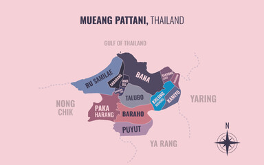 Obraz premium Map showing Mueang Pattani District Pattani Thailand divided into sub districts with minimalist colorful patterns