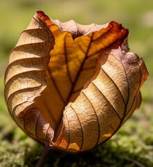 Close-up of a curled, textured autumn leaf on a soft green moss background, showcasing nature's decay.