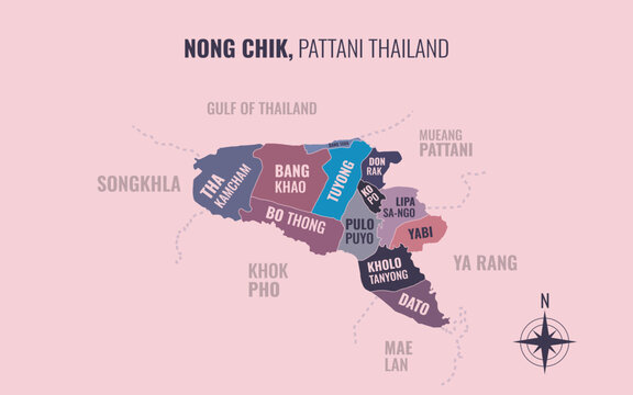 Map showing Nong Chik District Pattani Thailand divided into sub districts with minimalist colorful patterns