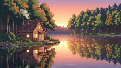 Cozy wooden cabin by a serene lake at sunset with forest reflections, tranquil nature landscape illustration