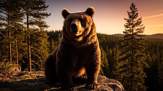 bear on rocky outcrop during sunset in pine forest wilderness