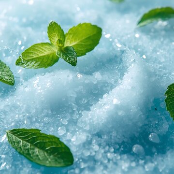 Close-up of fresh mint leaves scattered on a bed of sparkling blue ice crystals, evoking a sense of coolness and refreshment.