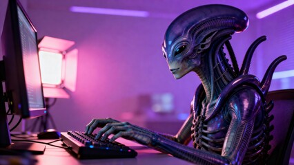 Obraz premium Alien typing on computer keyboard