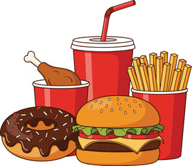 Fast food meal illustration with burger, fries, soda, donut, and fried chicken, colorful junk food combo for restaurant menus, delivery apps, and snack promotions