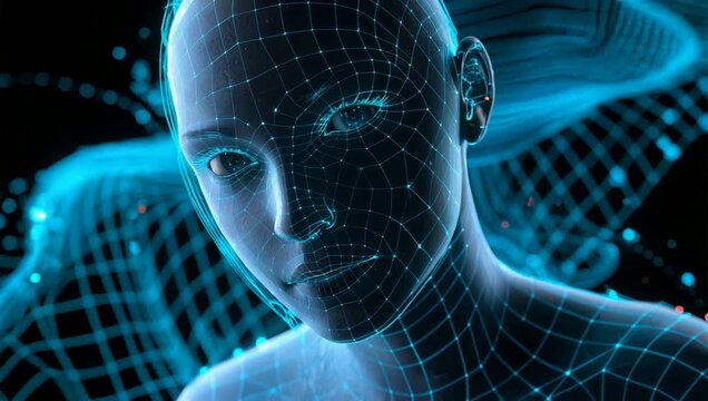 Digital wireframe human face with glowing lines