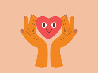 Two hands gently cradle a smiling red heart character. A vibrant, flat illustration representing kindness, emotional support, and self-compassion