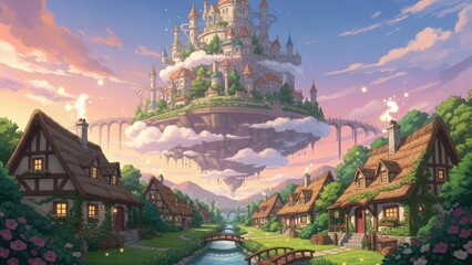 Enchanting Fantasy Village with Floating Castle and Charming Cottages by a River at Sunset