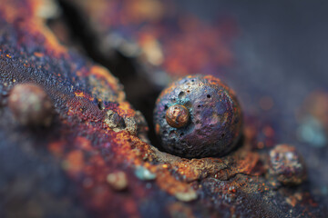 close up of a rusty metal plate and sphere