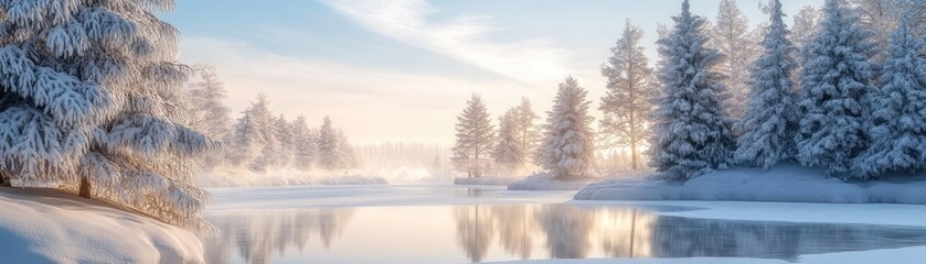 Serene winter landscape with snow-covered trees.