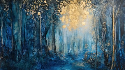 Golden light path in a mystical blue forest painting