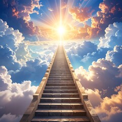 Stairway ascending through colorful clouds to a bright, radiant sun
