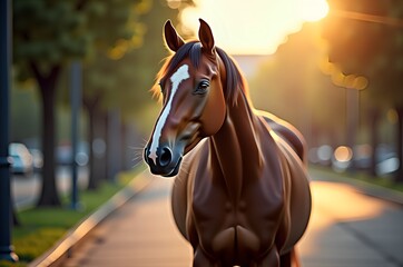 Horse Portrait at Sunset on a Tree-Lined Path