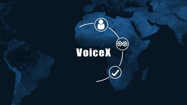 Global Network Connection with Voice X Logo and Icons on World Map communication