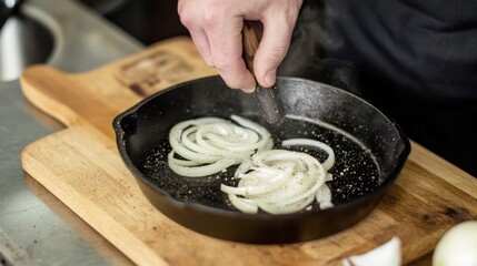 sizzling sliced onion rings being pan-fried on cast iron skillet, seasoned with ground pepper, placed on the wooden board in kitchen setup