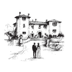 Hand drawn Italian style vintage wedding couple