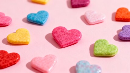 Obraz premium A vibrant and playful collection of colorful textured heart shapes scattered on a soft pink background