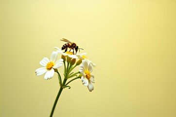 Bee on White Flowers Against a Yellow Background