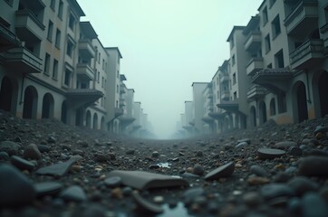 Empty Cityscape Amidst Debris and Mist