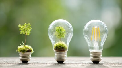 Green Energy Concept with Light Bulbs and Small Trees Representing Sustainability and Environmental Awareness