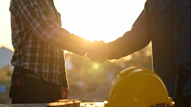 Construction workers shaking hands at sunset with hard hat and tools on table.