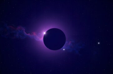 Dark Planet Against Purple Nebula and Stars