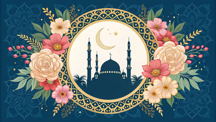 “Traditional Eid floral round frame, ornamental flowers mixed with Islamic patterns, classic arabic style, editable vector paths, print-ready.”