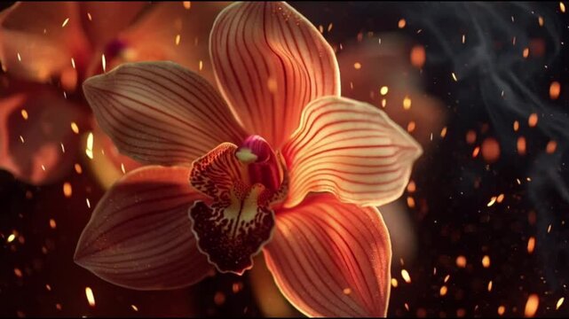 Close-up of a vibrant orange orchid with glowing particles.