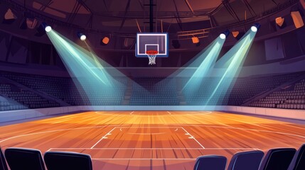 illuminated basketball arena vector illustration featuring a shiny wooden court and empty spectator seats offering a sense of anticipation