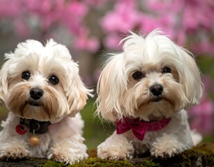 Two fluffy small white dogs posing outdoors near pink flowers