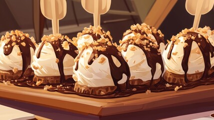 a luscious panorama of dessert delights, where frozen spheres meet delectable chocolate cascades, creating an irresistible symphony of sweet indulgence