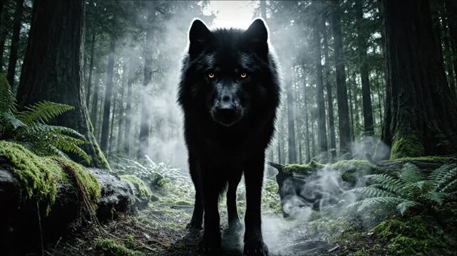 A dire wolf standing in a misty forest with another wolf in the background, surrounded by moss and trees.