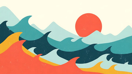 abstract ocean waves with a retro aesthetic and stylized mountains under a warm sun perfect for travel or summer background designs