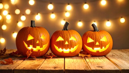 Three carved orange pumpkins with glowing faces on a wooden surface