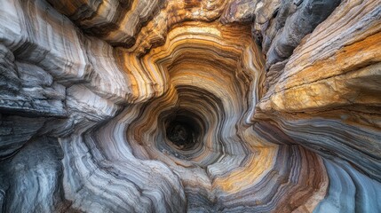 Colorful rock formations swirling into a cave