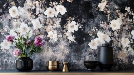 Decorative flowers on shelf, dark floral wallpaper background
