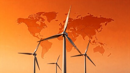Wind turbines with world map background