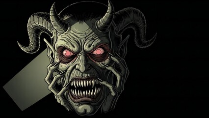 Illustration of a menacing horned demon with glowing eyes
