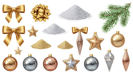 Set of Christmas ornaments with baubles ribbons and stars.