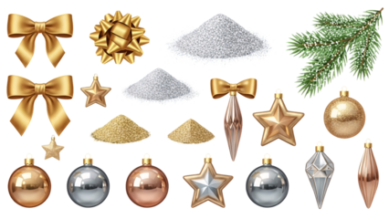 Set of Christmas ornaments with baubles ribbons and stars.