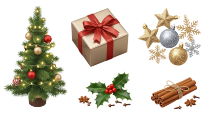 Traditional Christmas Tree Decorated with Gift and Ornaments.