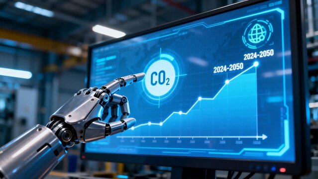 Robot hand interacting with CO2 emissions graph - Powered by Adobe
