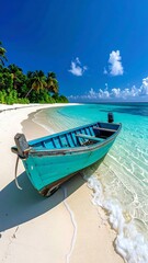 Turquoise ocean shore with boat, palm trees, and bright blue sky